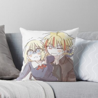 Fate Strange Fake Saber And Ayaka Sajyou Chibi Throw Pillow